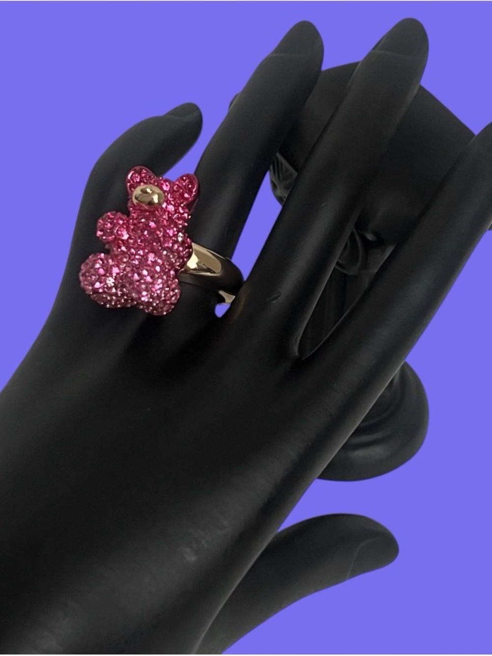 Betsey Johnson Pink Crystal Teddy Bear Ring - Gold Tone Band